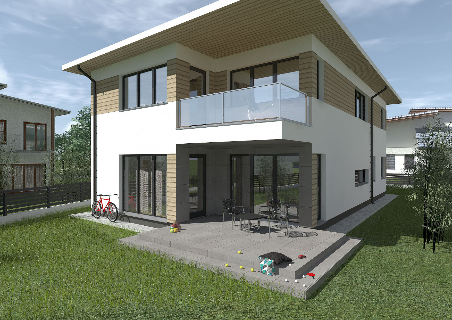 Wizualizacja dwukondygnacyjnego domu jednorodzinnego z balkonem, tarasem i czerwonym rowerem opartym o ścianę.