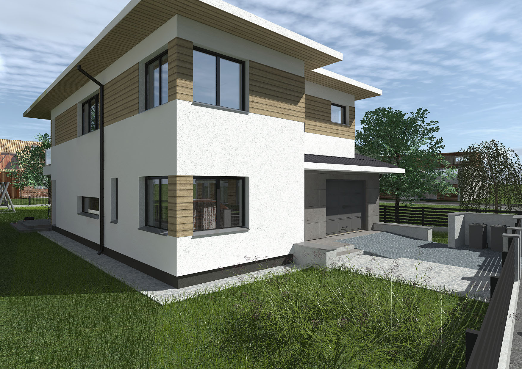 Wizualizacja dwukondygnacyjnego domu jednorodzinnego z garażem, elewacja z białego tynku i drewnianej okładziny, widok z poziomu trawnika.