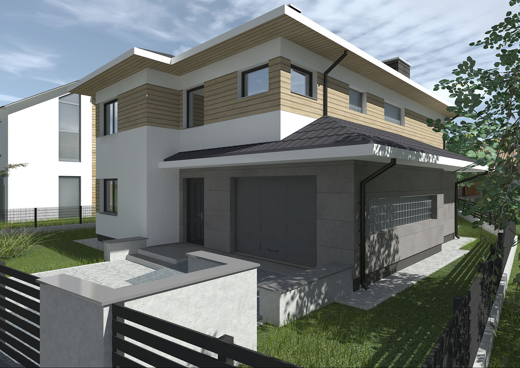 Wizualizacja dwukondygnacyjnego domu jednorodzinnego z garażem, wykończonego drewnianą elewacją i szarymi płytami, z widocznym ogrodzeniem i fragmentem sąsiedniego budynku.