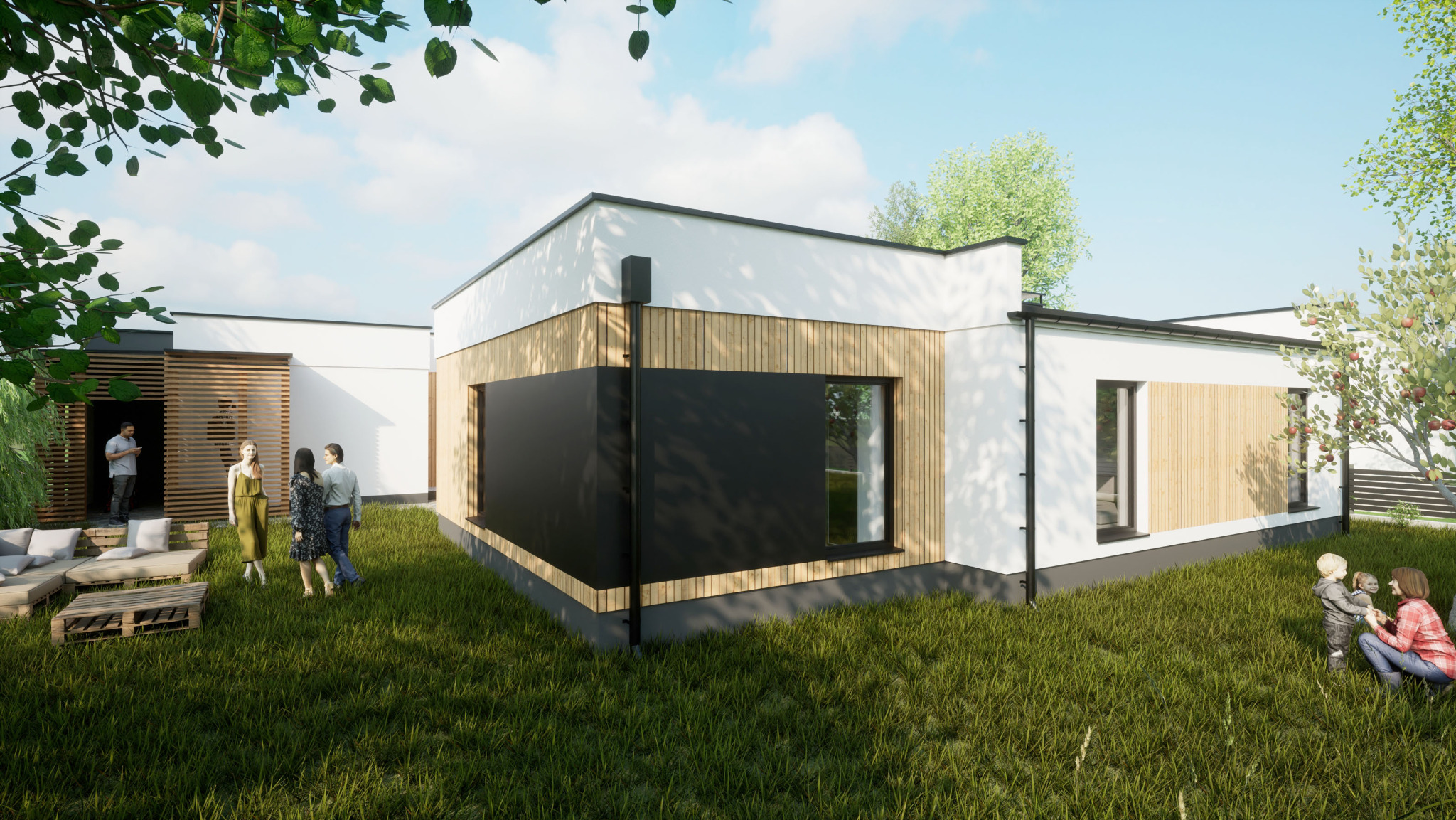 Wizualizacja nowoczesnego domu jednorodzinnego z białymi ścianami, drewnianymi panelami i czarnymi akcentami, otoczonego zielonym trawnikiem, z grupą osób w ogrodzie i na tarasie.