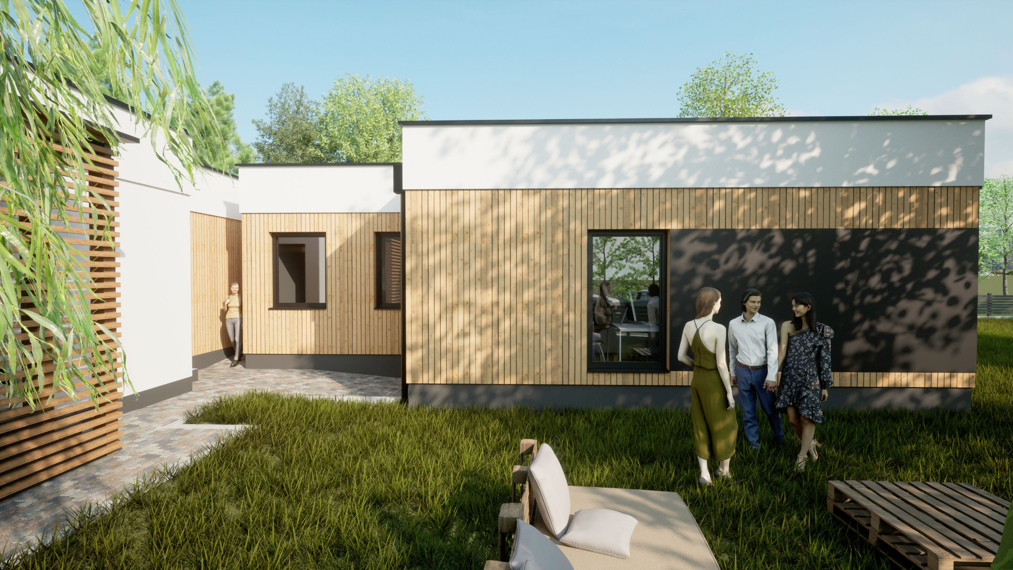 Wizualizacja nowoczesnego parterowego domu z drewnianą elewacją, płaskim dachem i dużymi oknami; w ogrodzie grupa trzech osób i meble ogrodowe z palet.