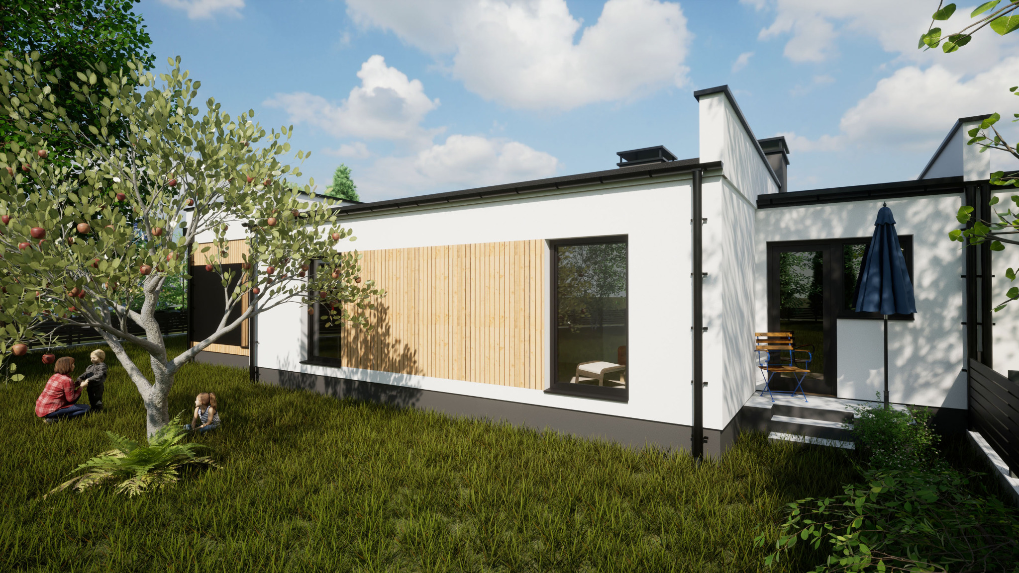 Wizualizacja nowoczesnego domu jednorodzinnego z białymi ścianami i elementami z jasnego drewna, z ogrodem, gdzie pod jabłonią siedzą dwie dziewczynki i kobieta.