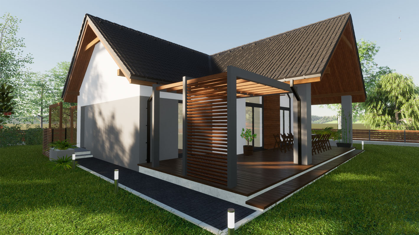 Wizualizacja domu jednorodzinnego z zadaszonym tarasem, drewnianą pergolą i oświetleniem ścieżki w ogrodzie.