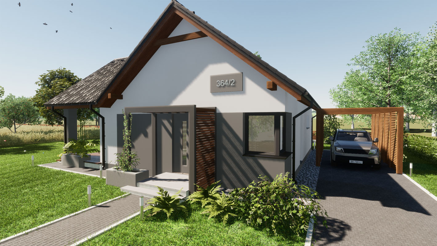 Wizualizacja parterowego domu jednorodzinnego z podjazdem i zadaszonym miejscem parkingowym, numer domu 364/2, otoczony zielenią.