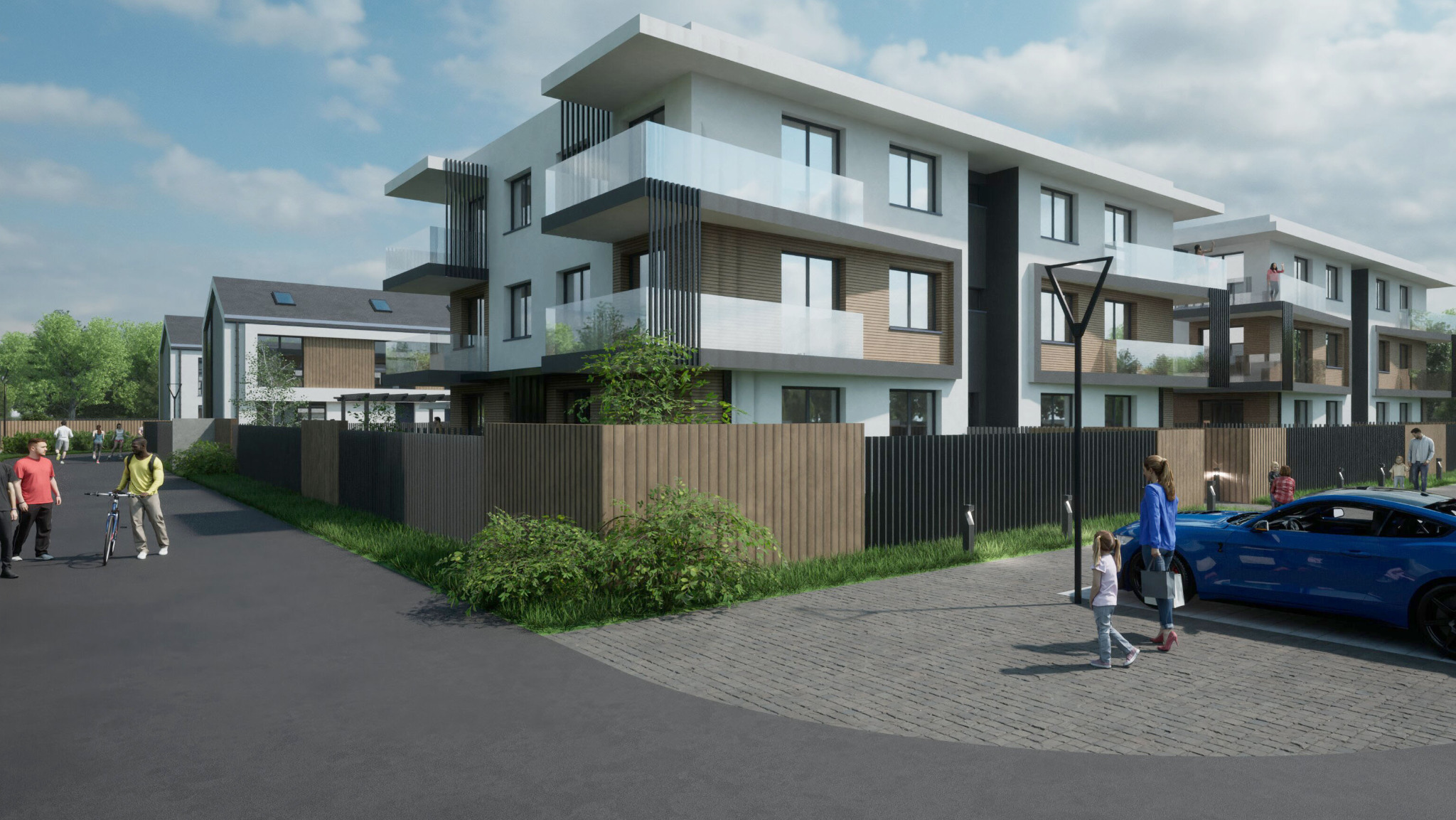 Wizualizacja nowoczesnego, trzypiętrowego budynku mieszkalnego z balkonami o szklanych balustradach, otoczonego płotem z pionowych desek, z zaparkowanym niebieskim sportowym samochodem...