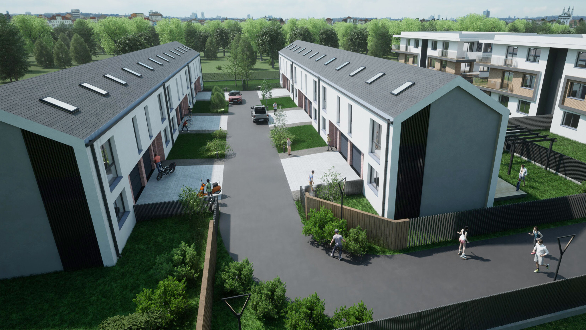Wizualizacja osiedla domów szeregowych z płaskimi dachami, z elementami wykończenia z cegły i drewna, z zielonymi trawnikami i chodnikami, z ludźmi spacerującymi i jeżdżącymi na rowerze.