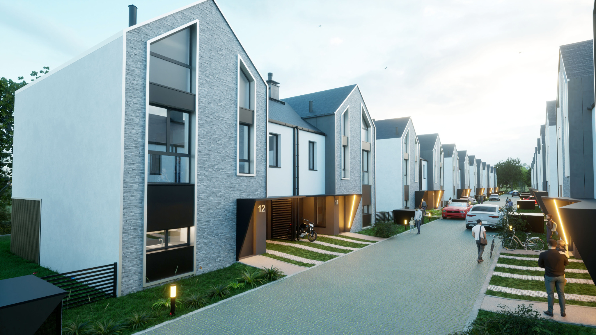 Wizualizacja szeregu nowoczesnych domów jednorodzinnych w Warszawie z garażami i podjazdami, z motocyklem zaparkowanym przed jednym z nich, oraz spacerującymi ludźmi.