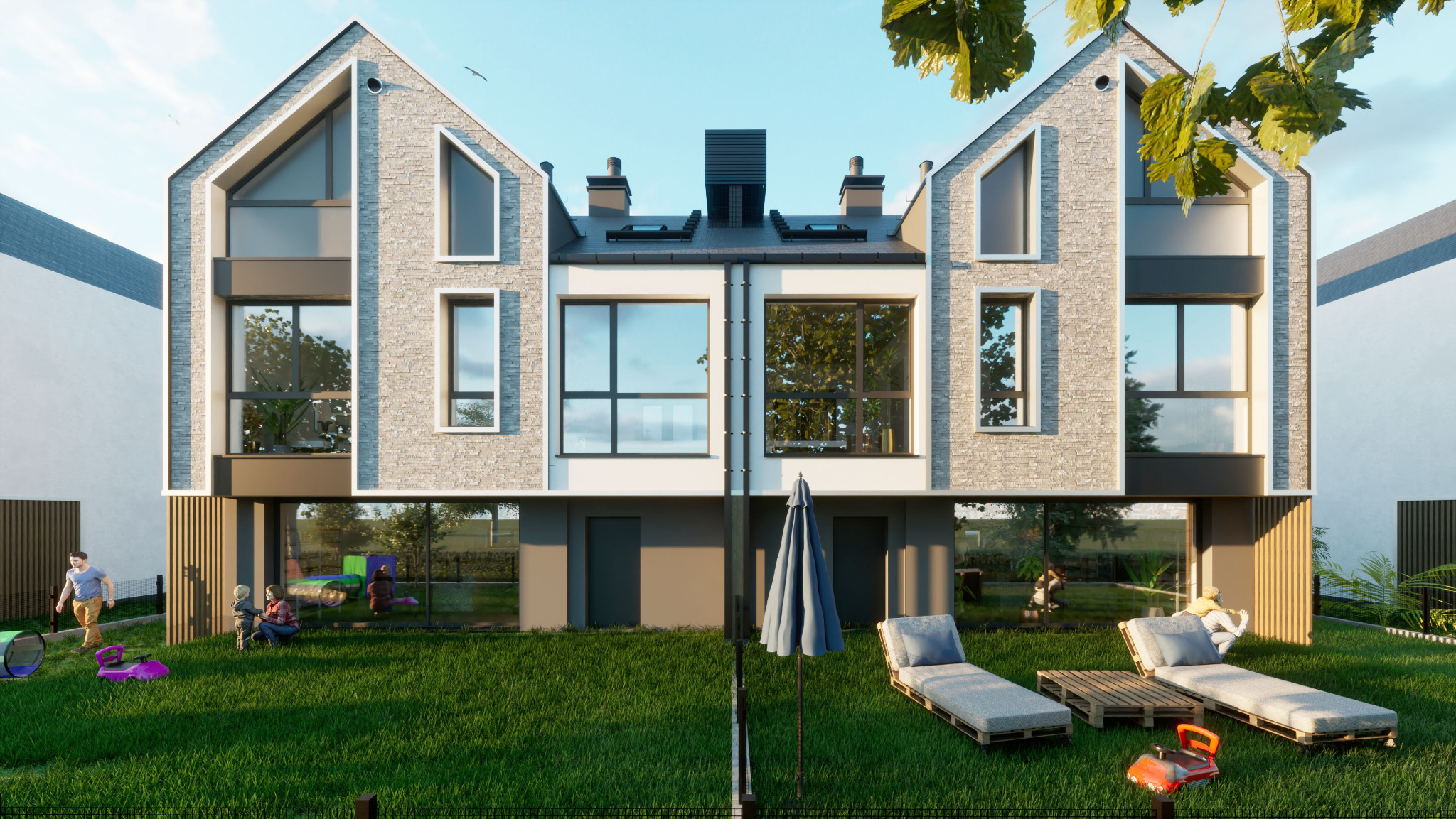 Wizualizacja bliźniaczego domu z szarej cegły z dużymi oknami, z zielonym trawnikiem, leżakami z palet i bawiącymi się dziećmi.