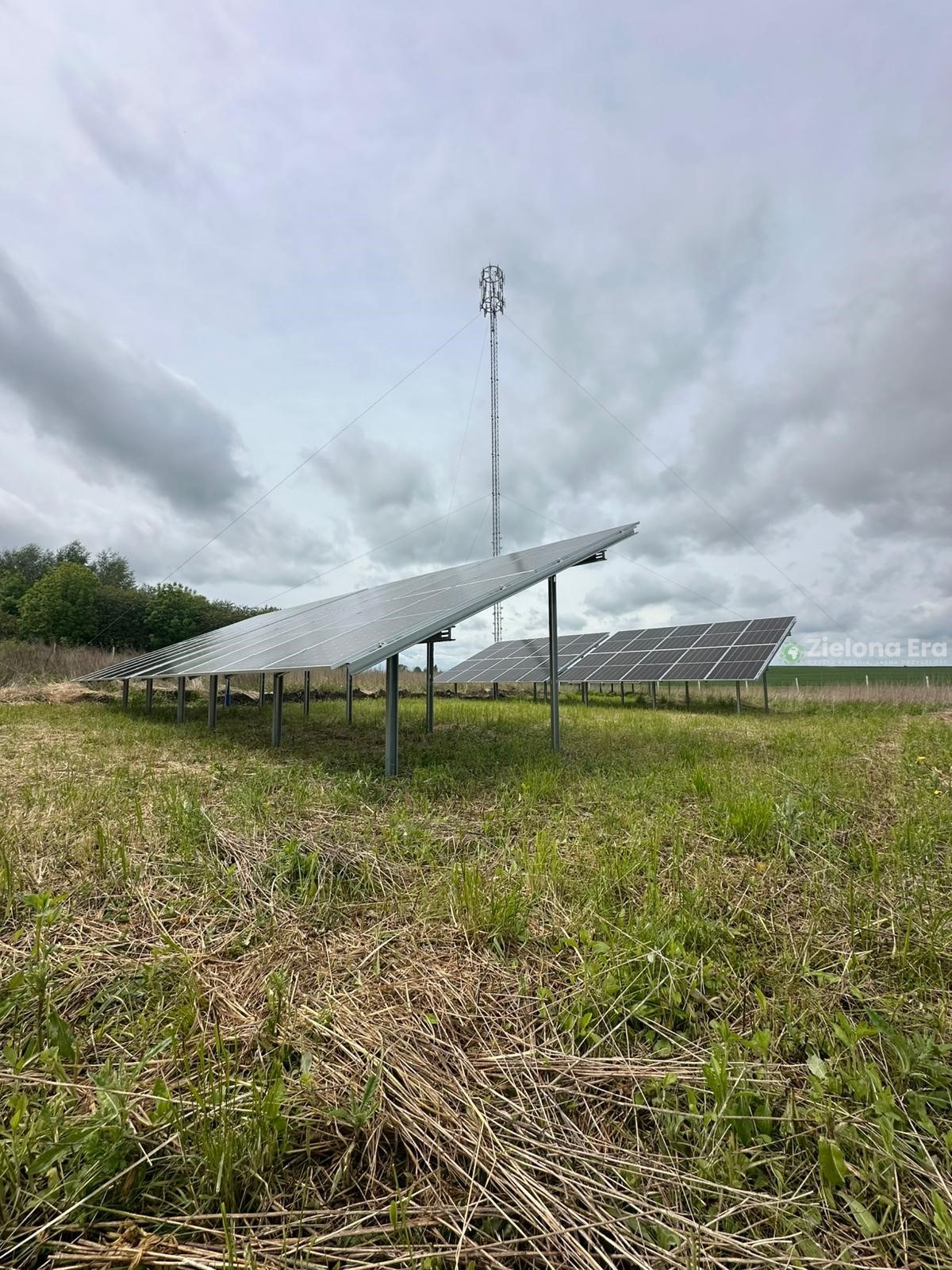 Instalacja paneli słonecznych na łące, z wieżą telekomunikacyjną w tle pod pochmurnym niebem. Widok z niskiej perspektywy, skupiony na panelach.