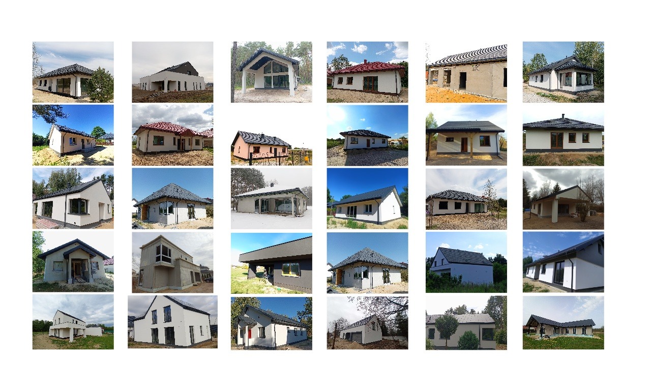 Kompilacja zdjęć domów jednorodzinnych z keramzytu, prezentująca różnorodne projekty architektoniczne i style wykończenia elewacji.