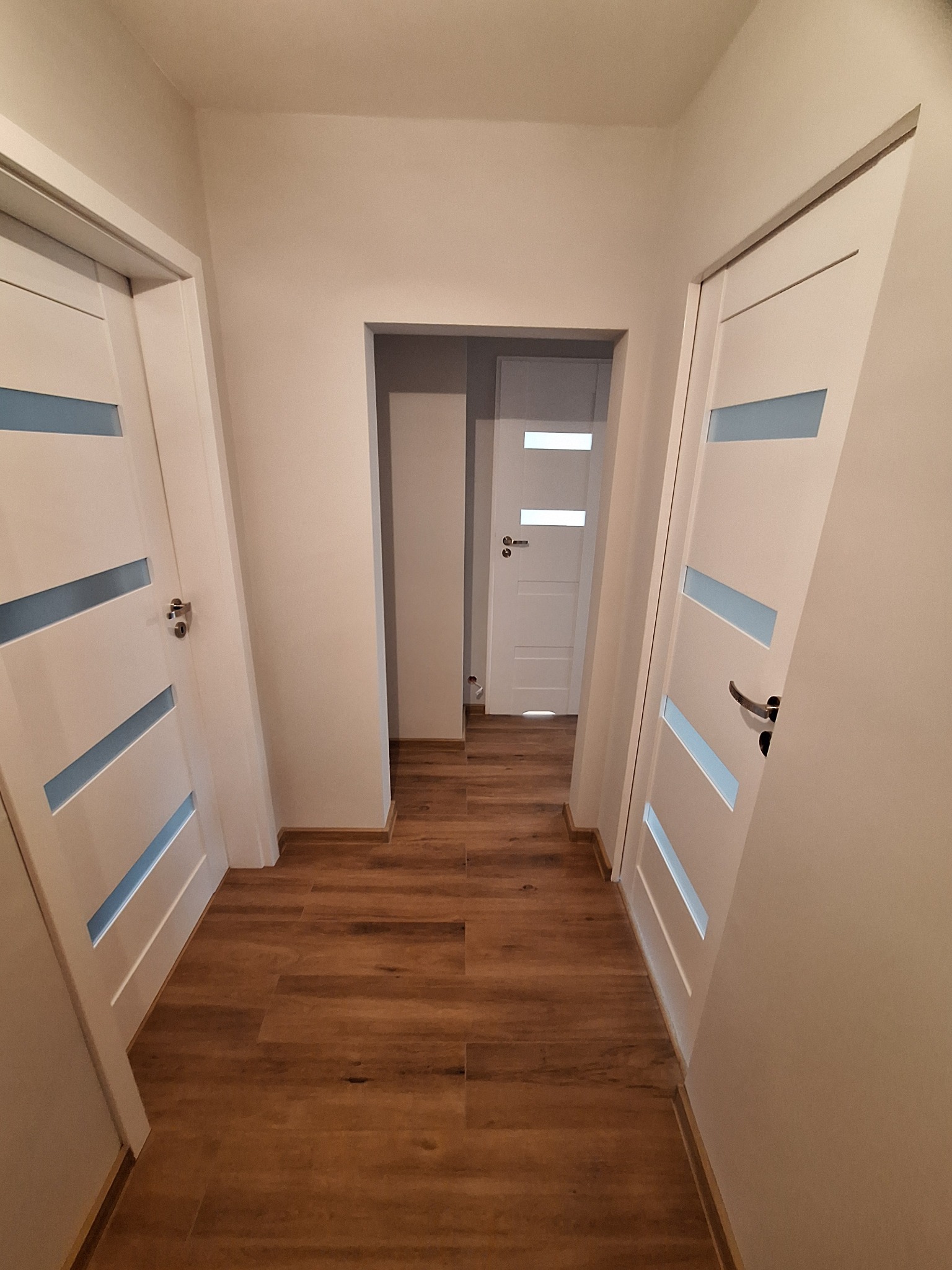 Nowoczesny korytarz z drewnopodobną podłogą, białymi drzwiami z przeszkleniami i widokiem na kolejne pomieszczenie. Minimalistyczny design.