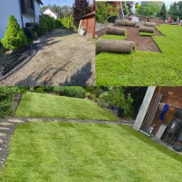 Układanie trawy z rolki: widok przed i po na działce z budynkami w tle. Częściowo rozłożone rolki trawy, ukazujące proces i efekt finalny.