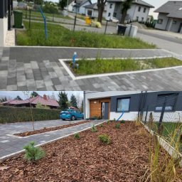 USŁUGI OGRODNICZE SUPER OGRÓD ARIEL SUCHECKI - Dzielone ujęcie: zaniedbany trawnik kontra ogród z korą, kostką i niską roślinnością. Widoczny fragment domu z autem.
