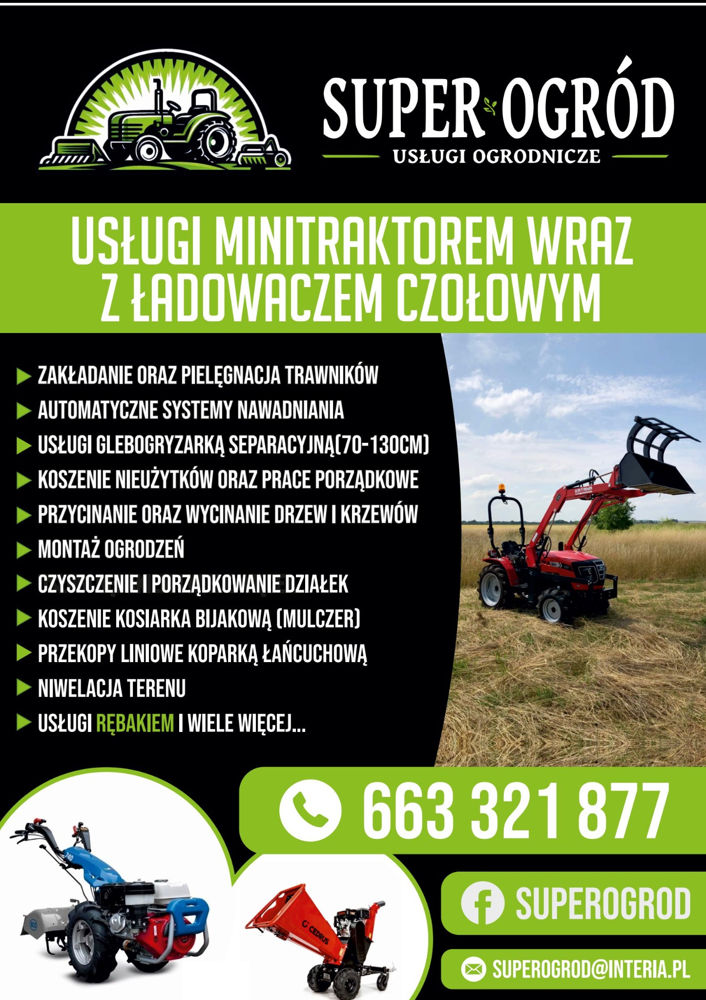 Grafika reklamowa: Usługi ogrodnicze 'Super Ogród'. Oferta obejmuje m.in. zakładanie trawników, systemy nawadniania, usługi glebogryzarką, niwelację terenu i inne. Kontakt telefoniczny.