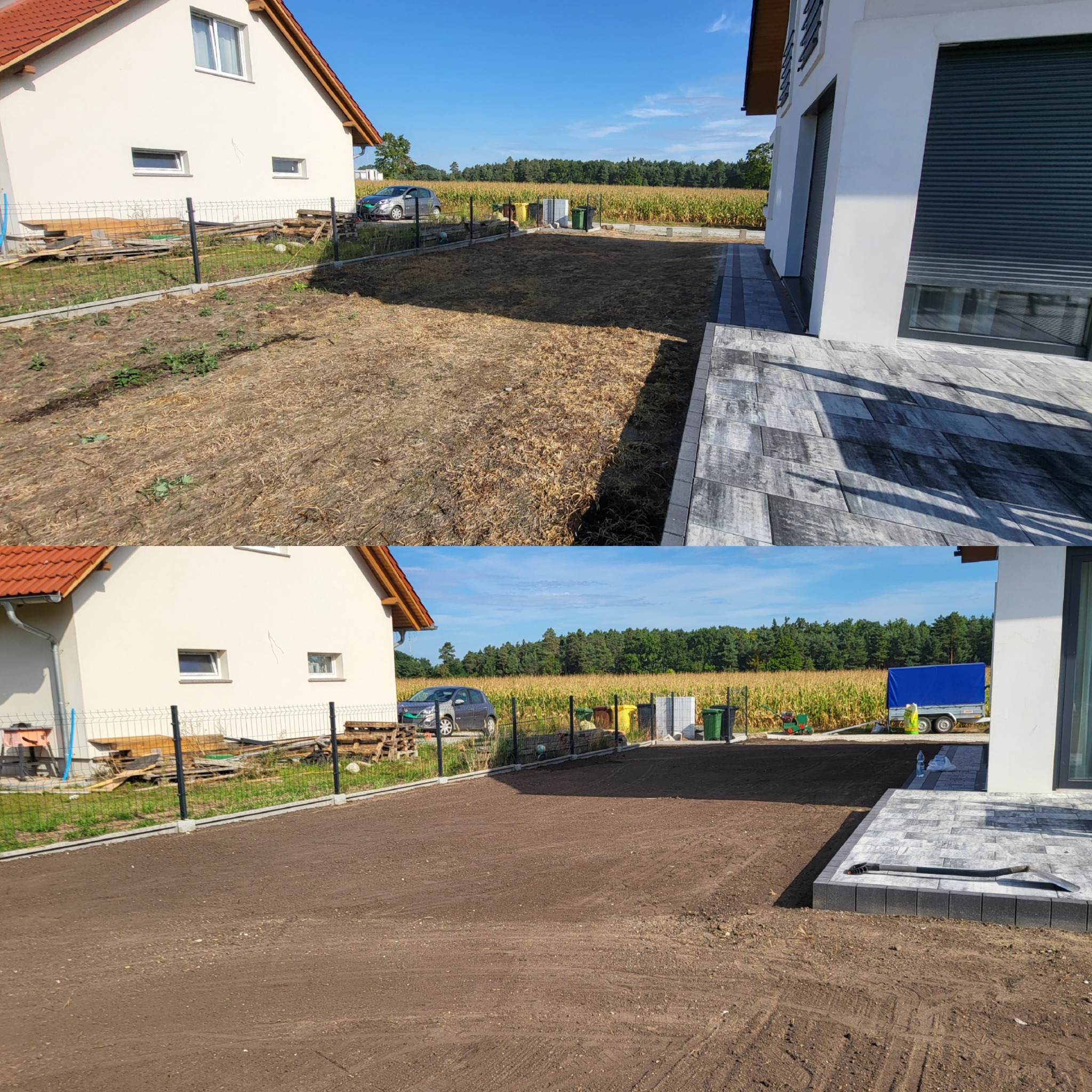 Zdjęcie 'przed i po' ukazujące przygotowany teren pod trawnik. Na dolnym ujęciu widoczna świeżo nawieziona ziemia, a w tle budynek mieszkalny i pole kukurydzy.