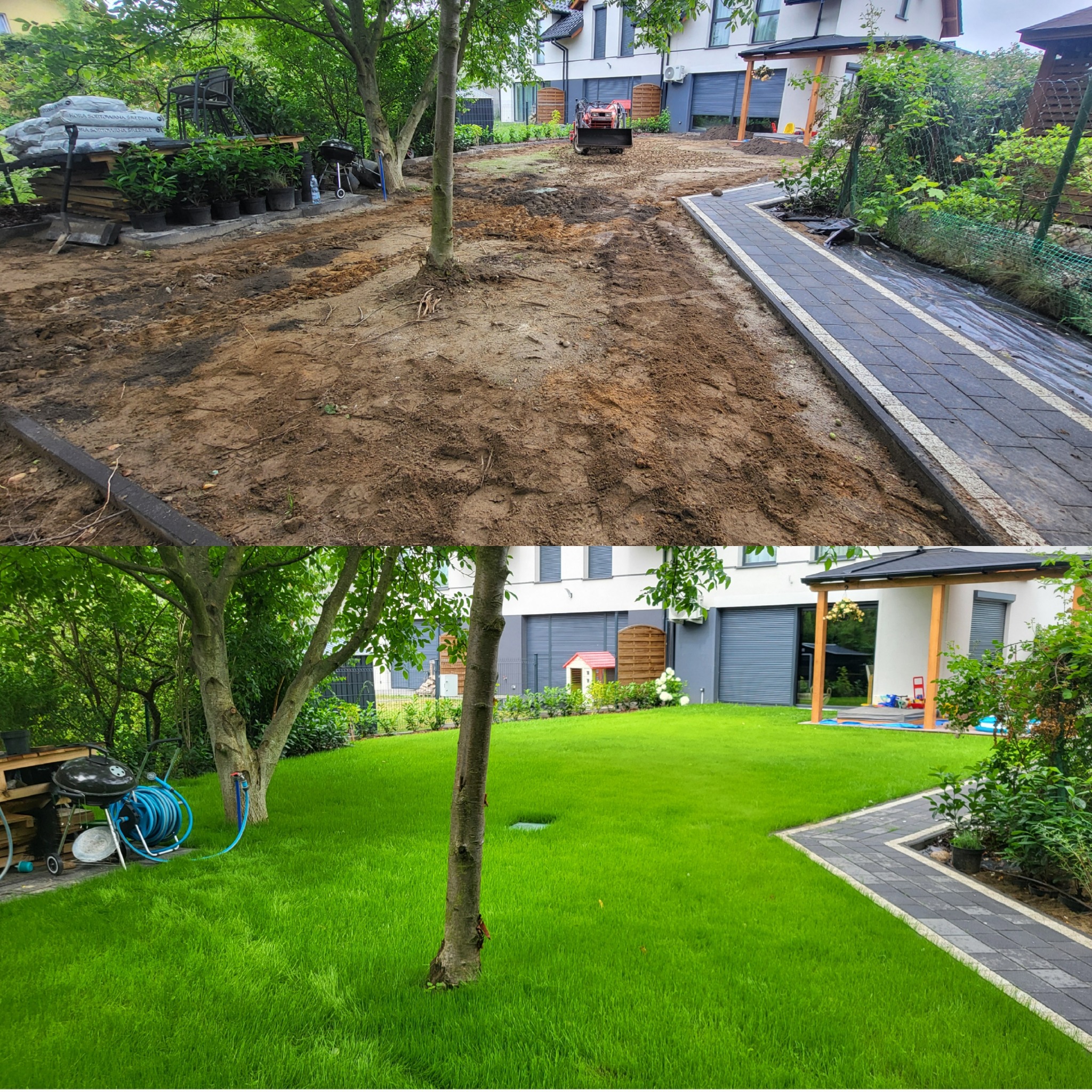 Zdjęcie 'przed i po' przedstawia niwelację terenu pod trawnik i ułożenie kostki brukowej. W tle widoczny budynek mieszkalny i mini koparka.