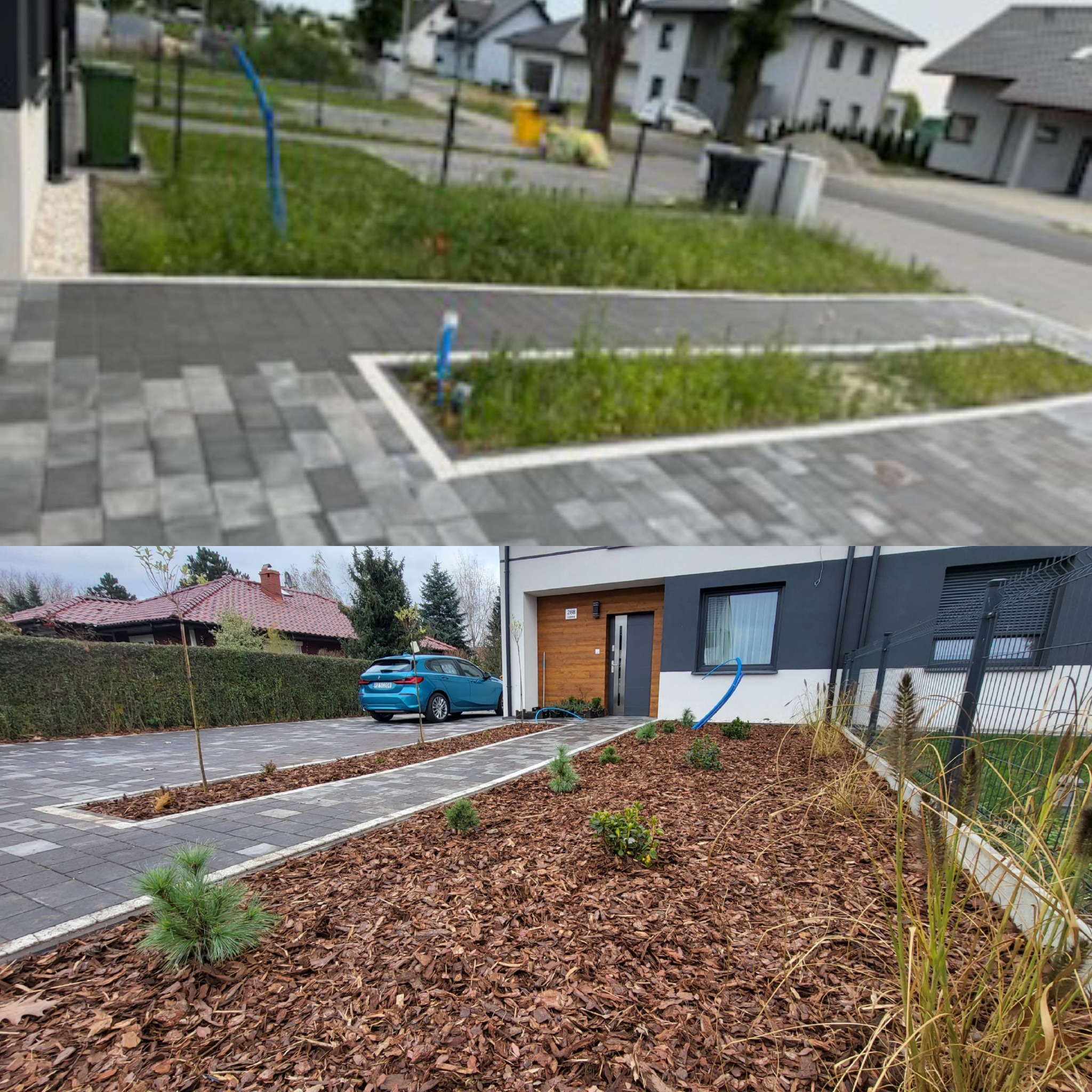 Dzielone ujęcie: zaniedbany trawnik kontra ogród z korą, kostką i niską roślinnością. Widoczny fragment domu z autem.