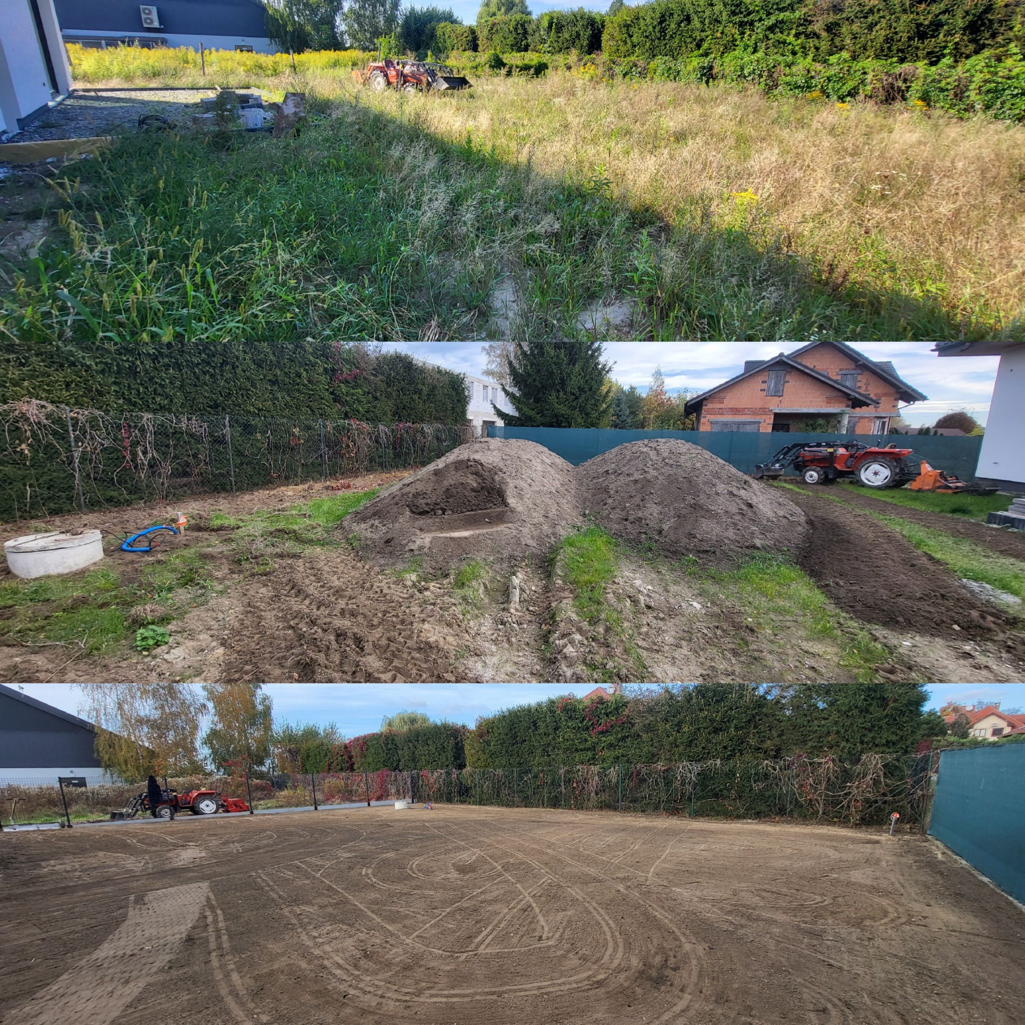 Kompozycja 'przed i po' ukazująca transformację terenu: od zarośniętej działki, przez niwelację ziemi, po przygotowany grunt pod trawnik. Widoczny mały traktor.