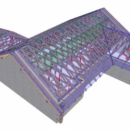 Model 3D konstrukcji dachu z drewnianą więźbą, widok z góry, elementy zaznaczone kolorami, ściany budynku z cegły.