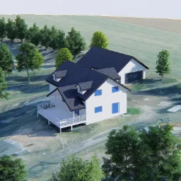 Wizualizacja 3D nowoczesnego domu jednorodzinnego z garażem, białą elewacją, ciemną dachówką i balkonem, otoczonego drzewami i polem uprawnym, widziana z lotu ptaka.