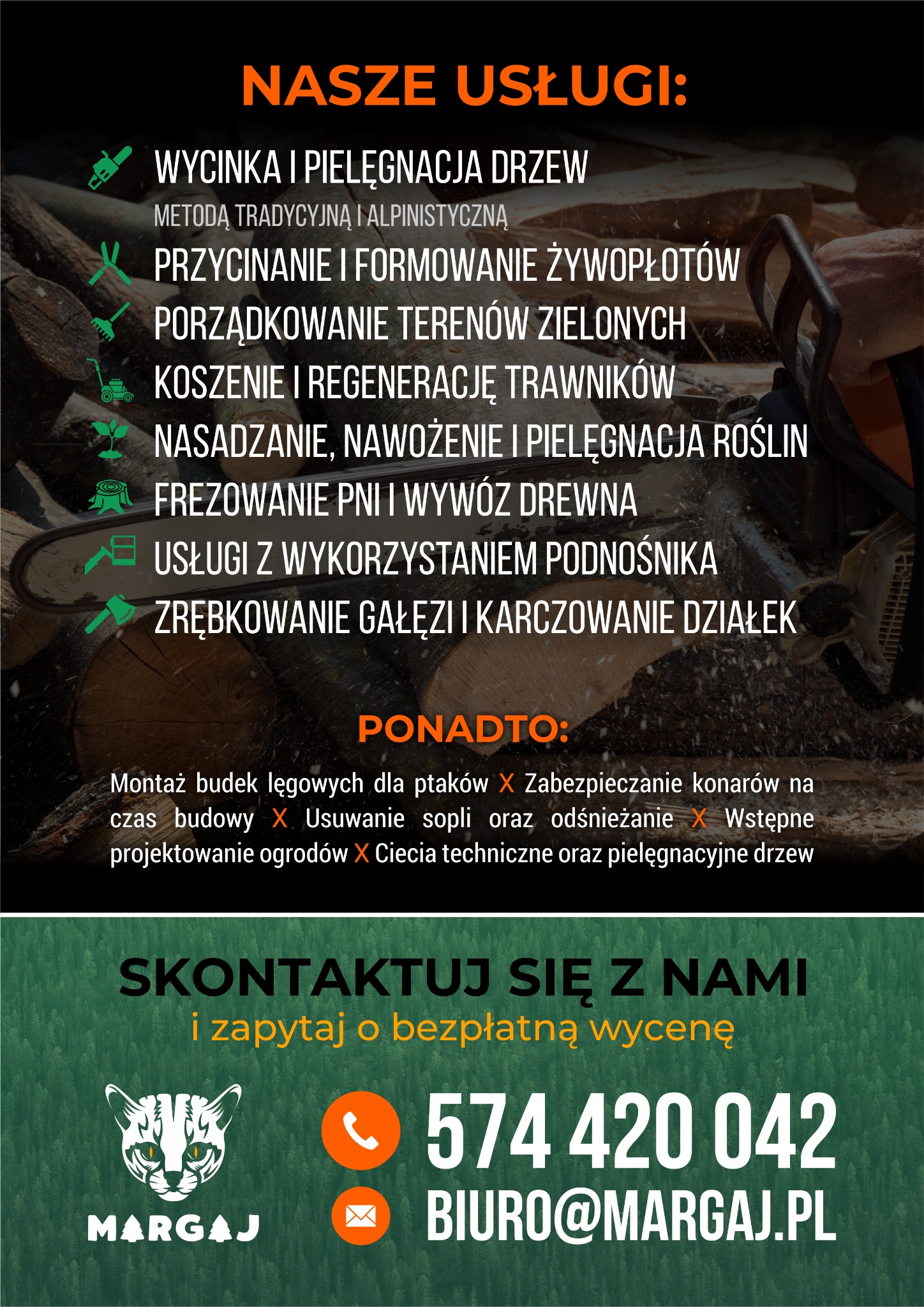 Grafika reklamowa firmy oferującej usługi ogrodnicze i wycinkę drzew, z listą świadczonych usług takich jak formowanie żywopłotów, koszenie trawników, frezowanie pni i karczowanie działek...