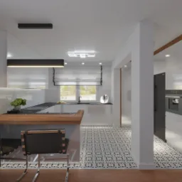 Nowoczesna, biała kuchnia z drewnianym blatem, czarnymi krzesłami barowymi i geometryczną podłogą, widok z perspektywy salonu, z czarną zasłoną po lewej stronie.