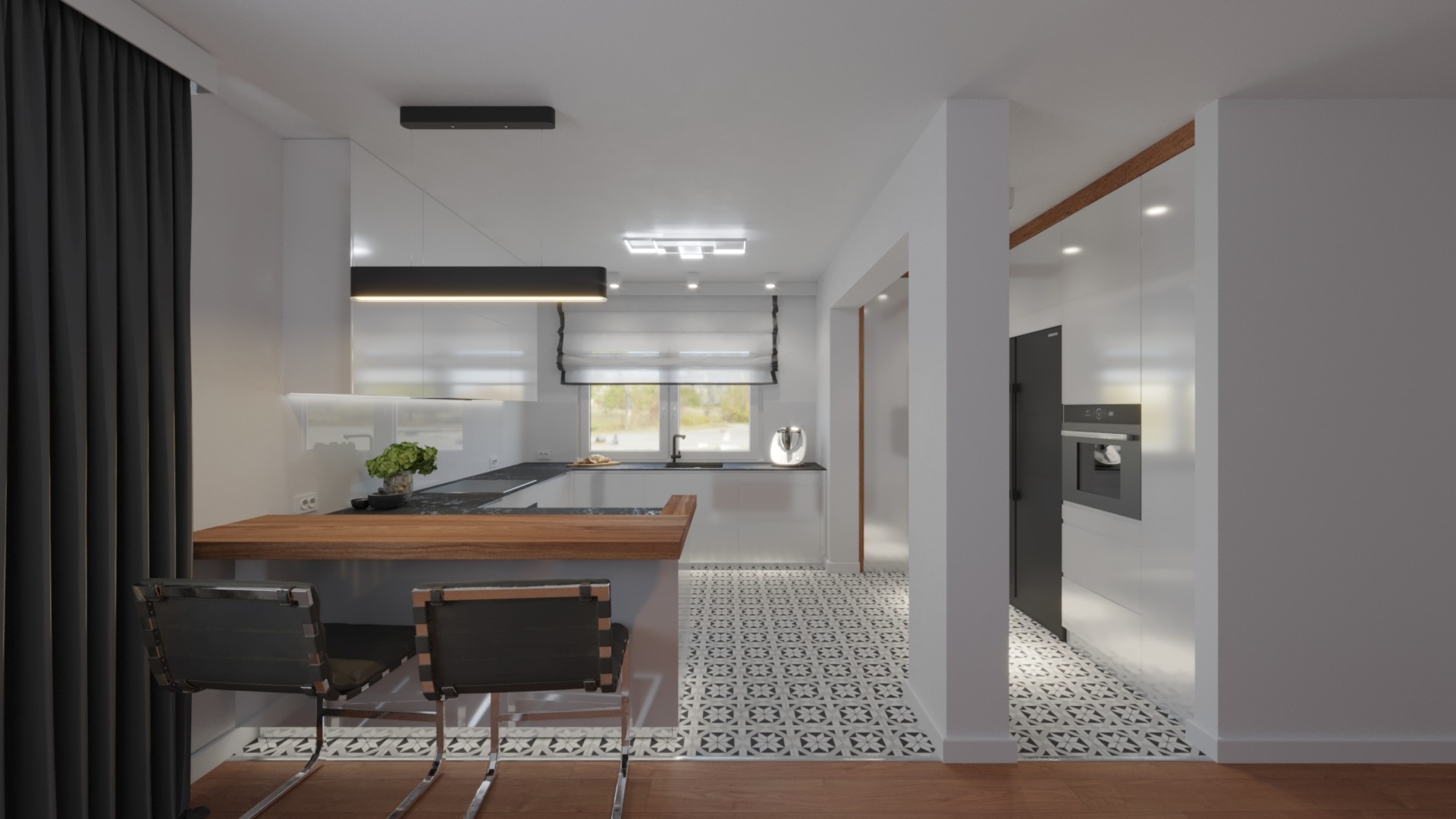 Nowoczesna, biała kuchnia z drewnianym blatem, czarnymi krzesłami barowymi i geometryczną podłogą, widok z perspektywy salonu, z czarną zasłoną po lewej stronie.