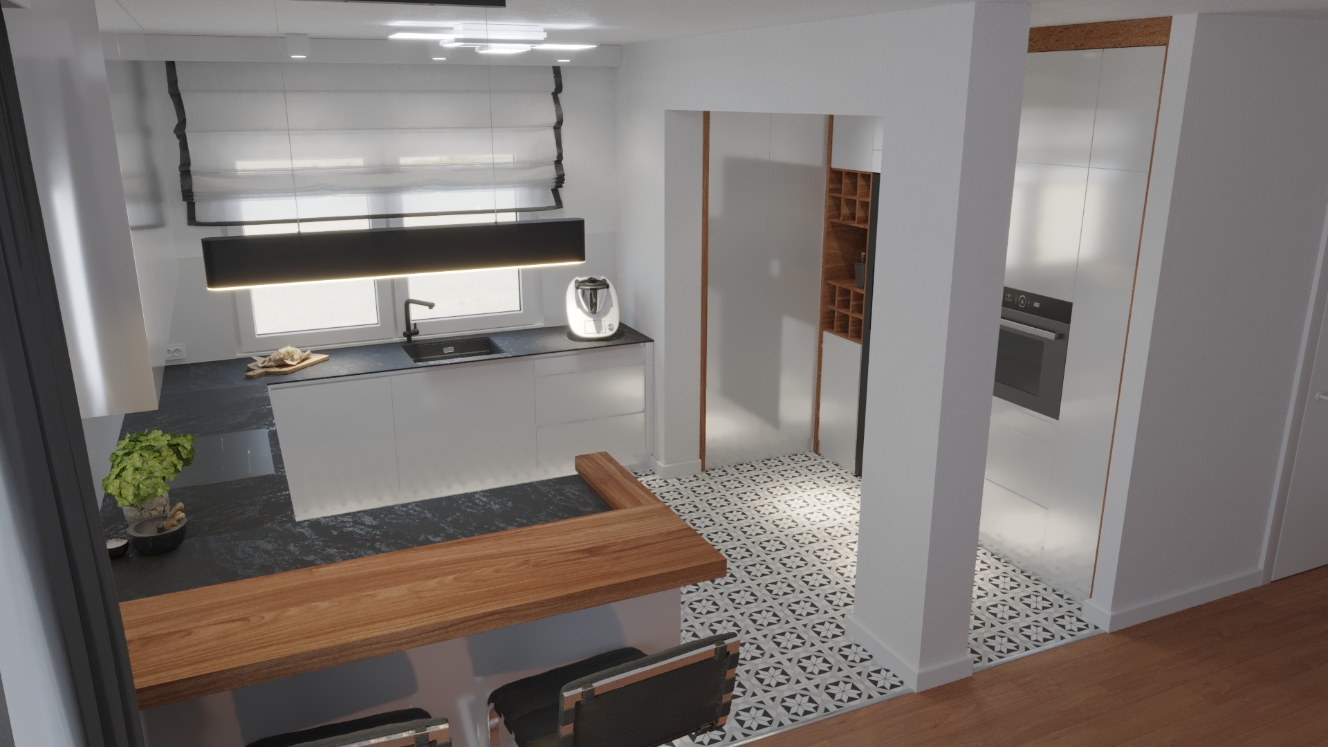 Nowoczesna kuchnia z drewnianym blatem barowym, białymi szafkami, czarnym blatem kuchennym i wzorzystą podłogą, oświetlona listwą LED nad zlewem.