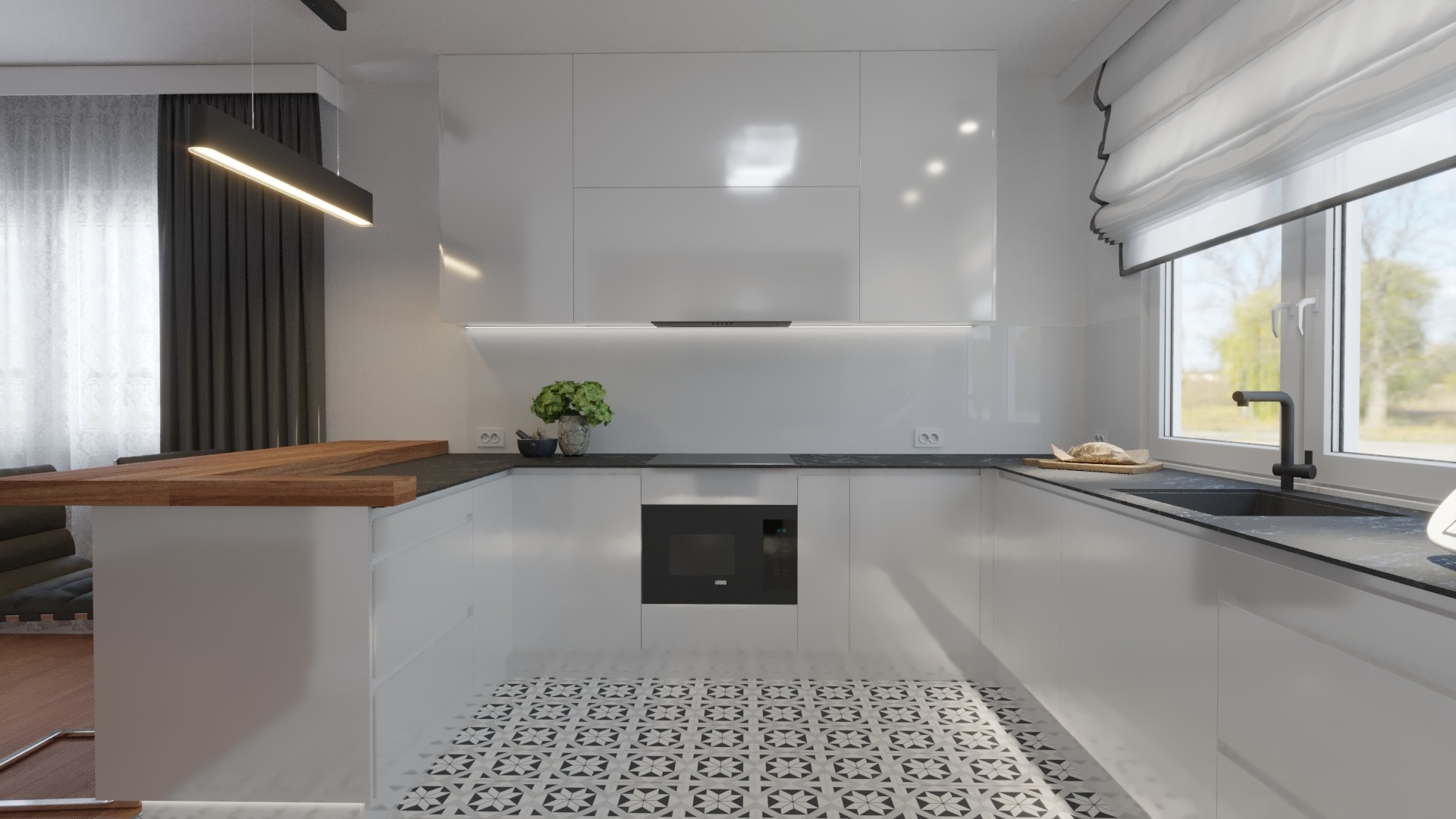 Nowoczesna, biała kuchnia z czarnym blatem i drewnianym barkiem, wzorzysta podłoga, oświetlenie ledowe i minimalistyczny design.