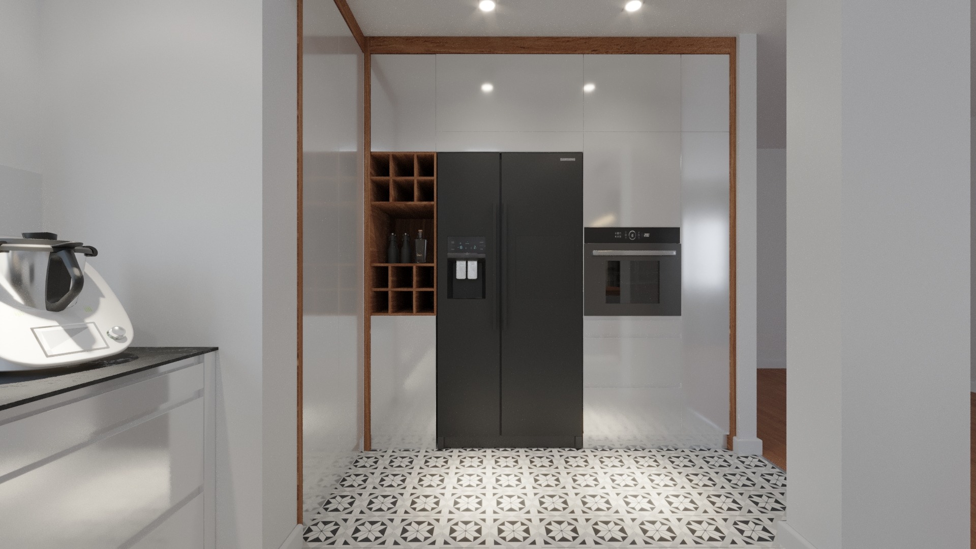 Nowoczesna kuchnia z czarną lodówką side-by-side, białymi szafkami, drewnianym regałem na wino i wzorzystą podłogą.