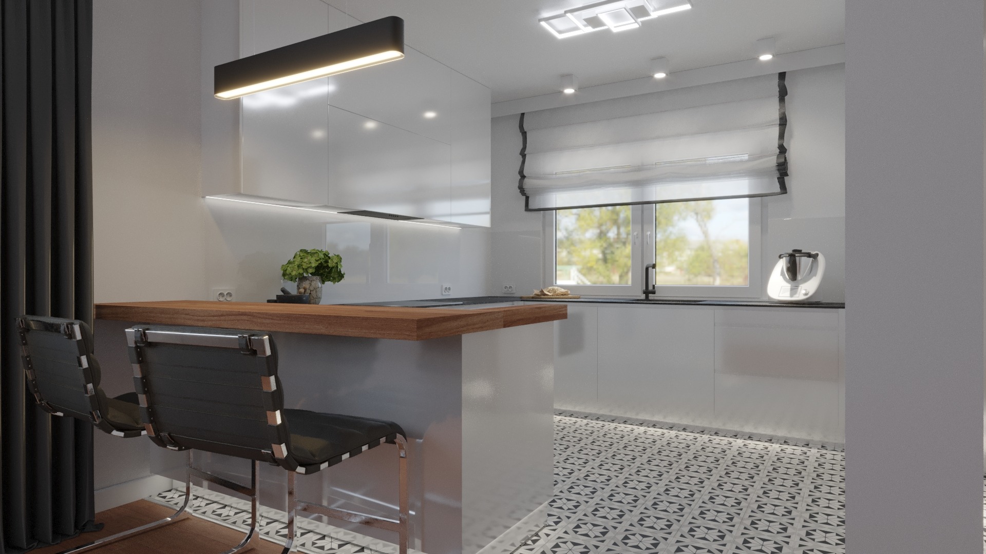 Nowoczesna, biała kuchnia z drewnianym blatem barkowym, czarnymi hokerami i geometryczną podłogą, oświetlona wiszącą lampą i światłem dziennym z okna.