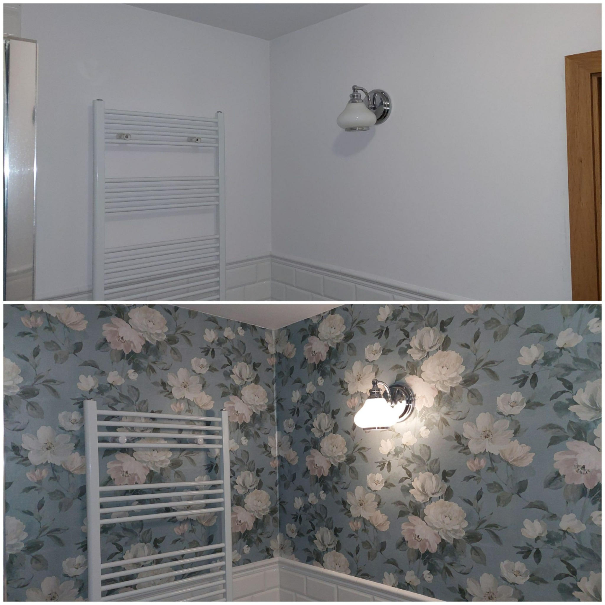 Porównanie łazienki przed i po: od białych ścian i płytek do tapety w kwiaty, z grzejnikiem drabinkowym i chromowanym kinkietem.