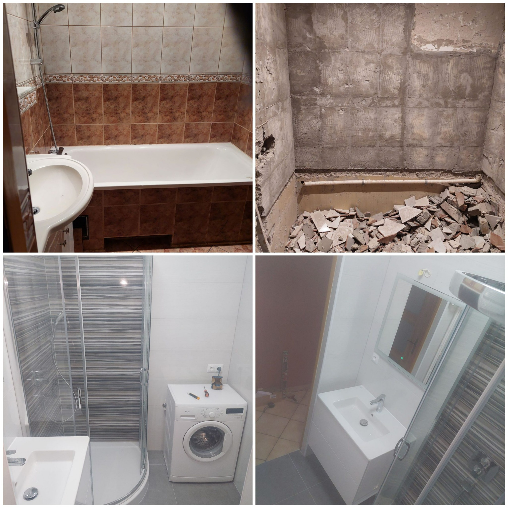 Kolaż czterech zdjęć przedstawiających etapy remontu łazienki: stan przed demontażem, usunięte płytki, kabina prysznicowa i pralka po remoncie, umywalka z szafką.