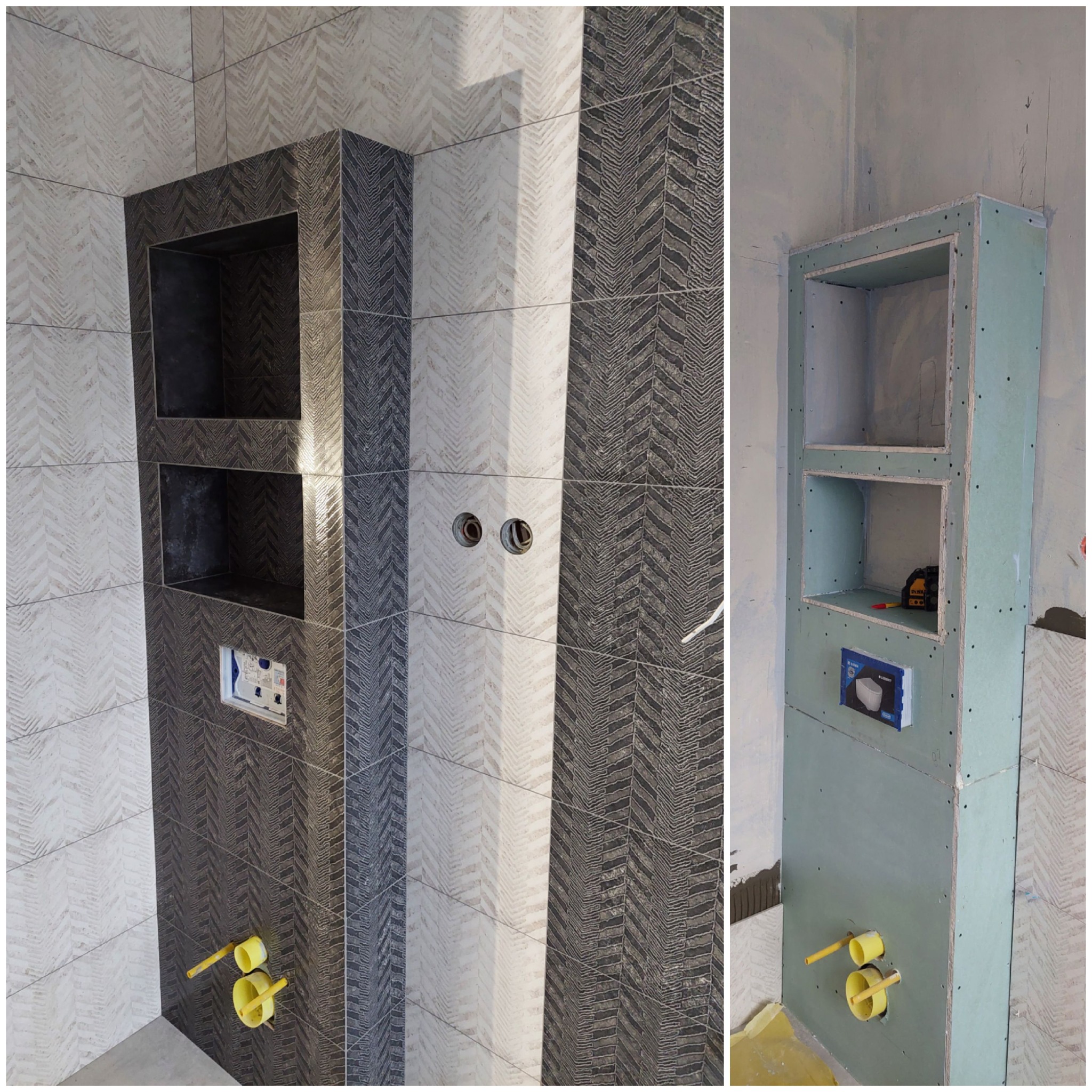Dwa ujęcia: po lewej gotowa ściana z wnękami wyłożona wzorzystymi płytkami w odcieniach szarości i beżu, z widoczną instalacją hydrauliczną; po prawej szkielet wnęki z płyty karton gips przed...