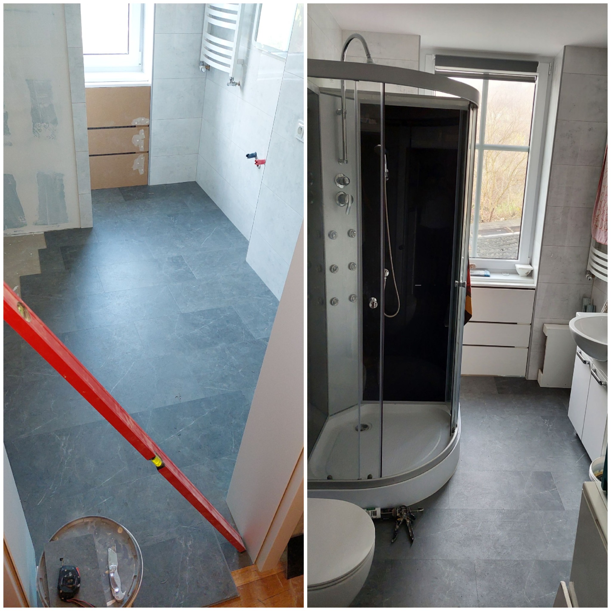 Dzielone ujęcie łazienki: po lewej układanie szarych płytek podłogowych z użyciem poziomicy, po prawej kabina prysznicowa z hydromasażem, umywalka i toaleta po remoncie.