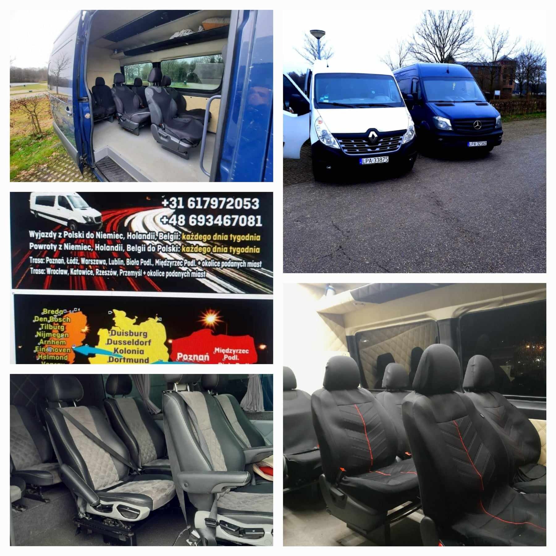 Wnętrze i zewnętrzne ujęcia busów: wnętrze z fotelami z szaro-czarną tapicerką, widok na dwa busy (biały Renault i granatowy Mercedes) zaparkowane na zewnątrz, mapa z zaznaczonymi trasami...