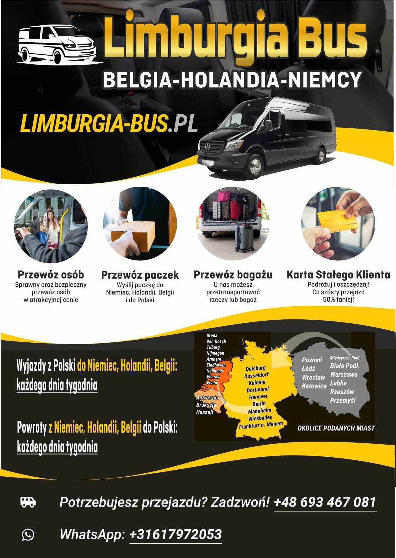 Grafika reklamowa firmy Limburgia Bus oferującej przewozy osób, paczek i bagażu do Niemiec, Holandii i Belgii, z mapą miast docelowych i numerami kontaktowymi.