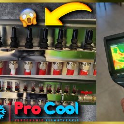 Pro Cool Ogrzewanie Klimatyzacja - Rozdzielacz instalacji grzewczej z termowizją pokazującą rozkład temperatur, na pierwszym planie logo firmy Pro Cool.