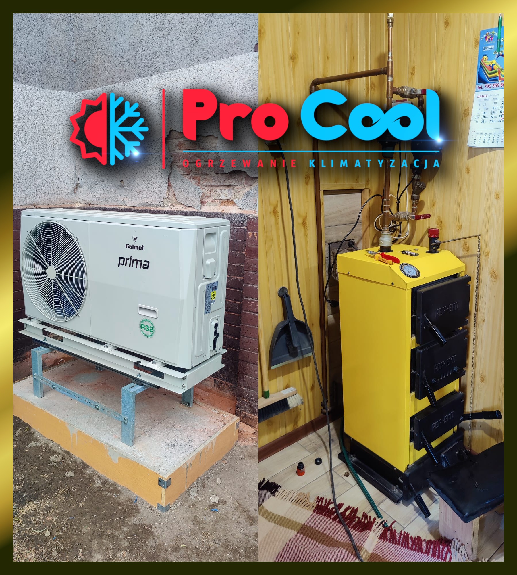Zestawienie: zewnętrzna jednostka pompy ciepła Galmet Prima na betonowym fundamencie oraz żółty piec węglowy z narzędziami i kalendarzem w tle.