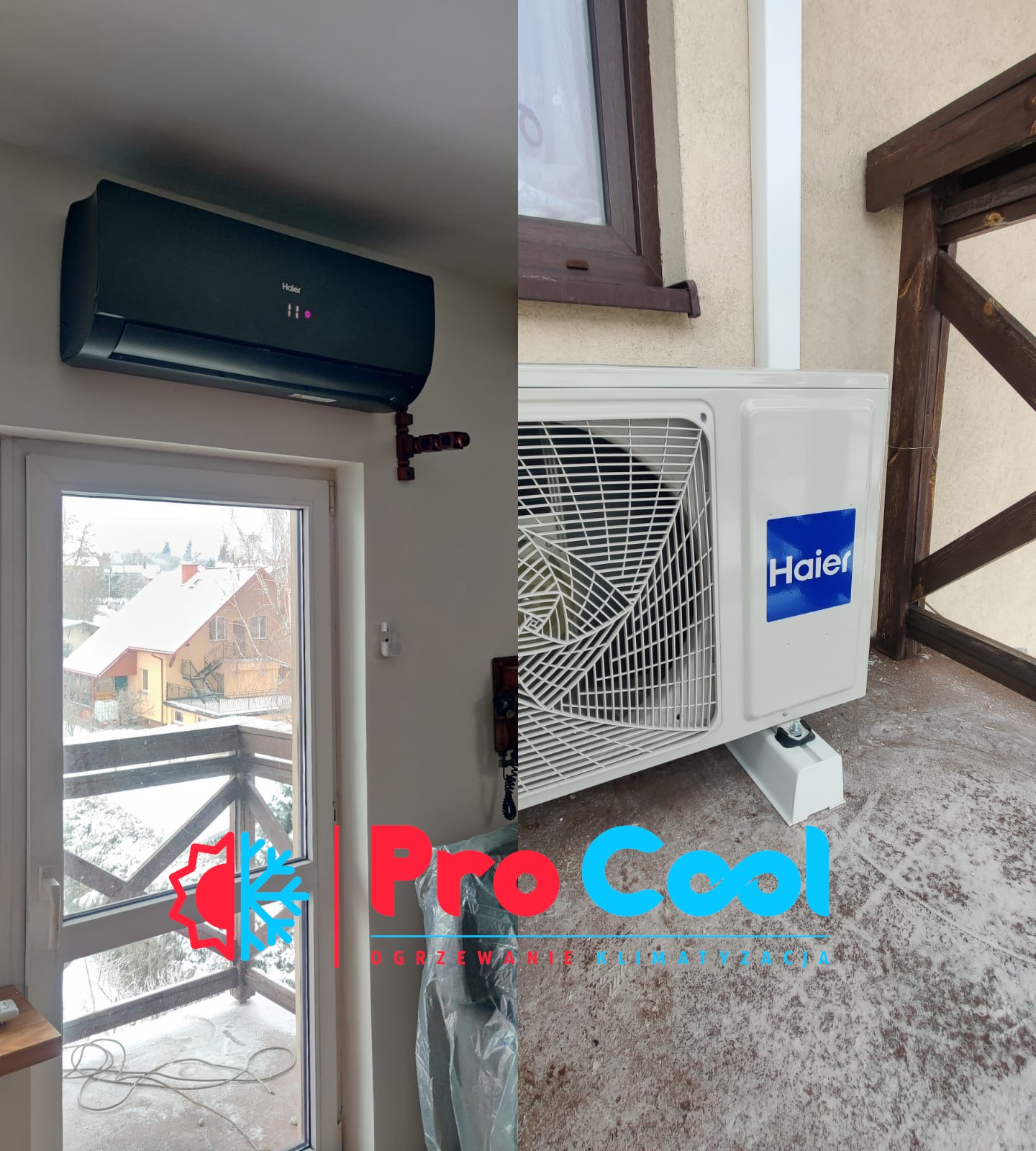 Czarny klimatyzator Haier zamontowany wewnątrz pomieszczenia obok okna balkonowego z widokiem na zaśnieżony krajobraz, oraz biała jednostka zewnętrzna Haier na balkonie pokrytym śniegiem,...