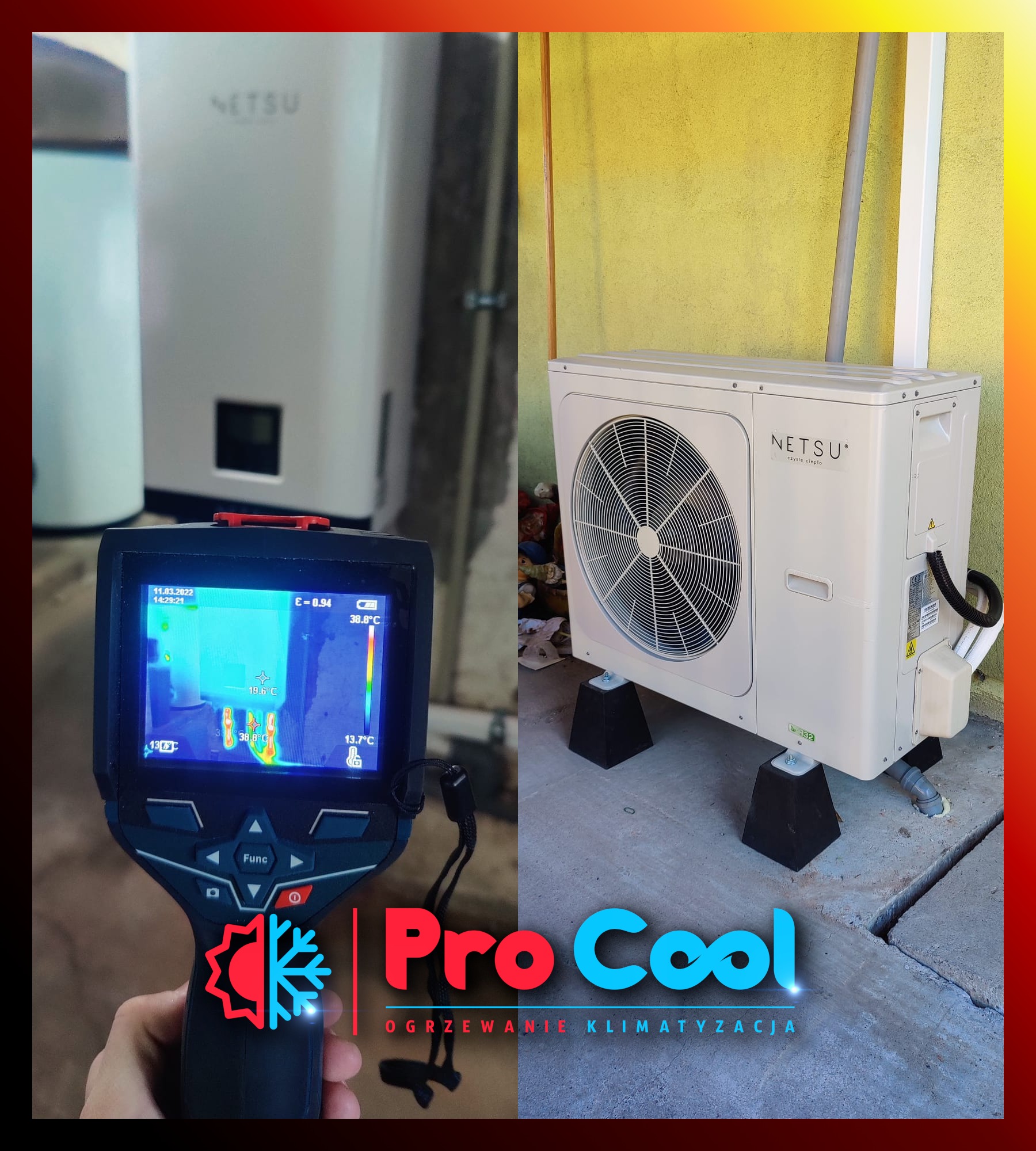 Termowizyjne badanie pompy ciepła Netsu na betonowej podstawie, z widocznym ekranem termowizyjnym wskazującym temperaturę, przy żółtej ścianie budynku.