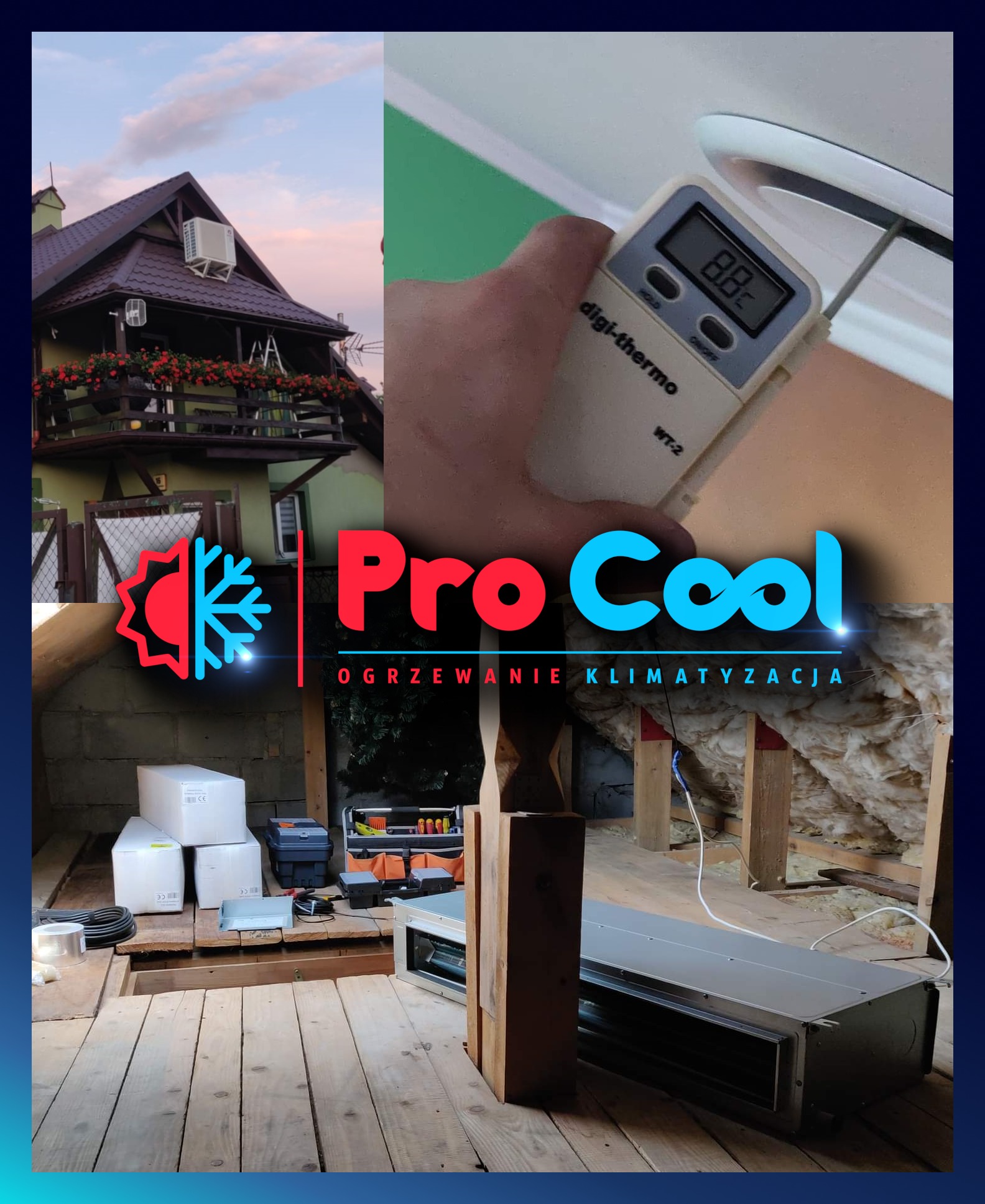 Montaż klimatyzacji na poddaszu: widoczny kanał wentylacyjny, termometr w dłoni mierzący temperaturę, narzędzia, kartony, ocieplenie, w tle dom z zamontowaną klimatyzacją na ścianie, logo firmy...