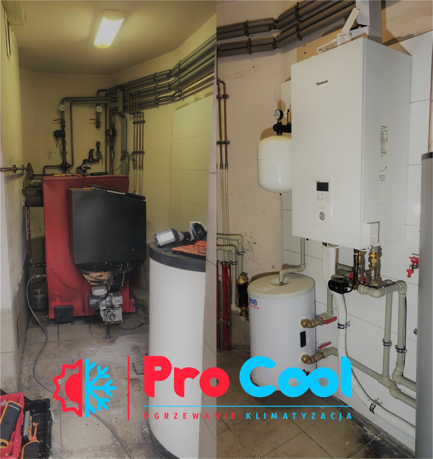 Porównanie starego (czerwony piec) i nowego (biały piec Panasonic) systemu grzewczego w kotłowni, rury instalacji grzewczej na ścianach, logo Pro Cool na dole zdjęcia.