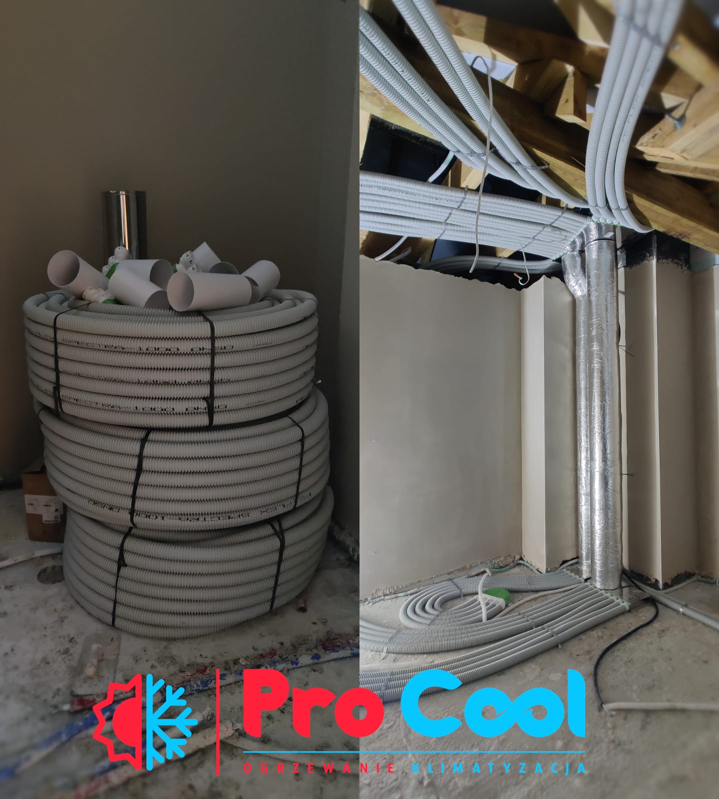 Rzut oka na instalację klimatyzacji w trakcie montażu: zwój przewodów wentylacyjnych na podłodze i rury rozprowadzone pod drewnianym stropem, z widocznym logo firmy na pierwszym planie.