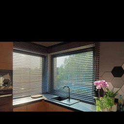 Verti- Room - Ciemne żaluzje aluminiowe zamontowane w oknach narożnych kuchni z widokiem na zieleń za oknem, obok zlewu i roślin doniczkowych.