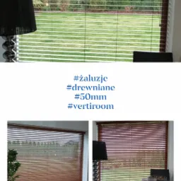 Drewniane lamele okienne o szerokości 50mm, widok na ogród zza częściowo zasłoniętych żaluzji.