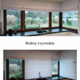 Jasne, rzymskie osłony okienne w kuchni z widokiem na ogród, częściowo zwinięte, drewniane ramy okienne.