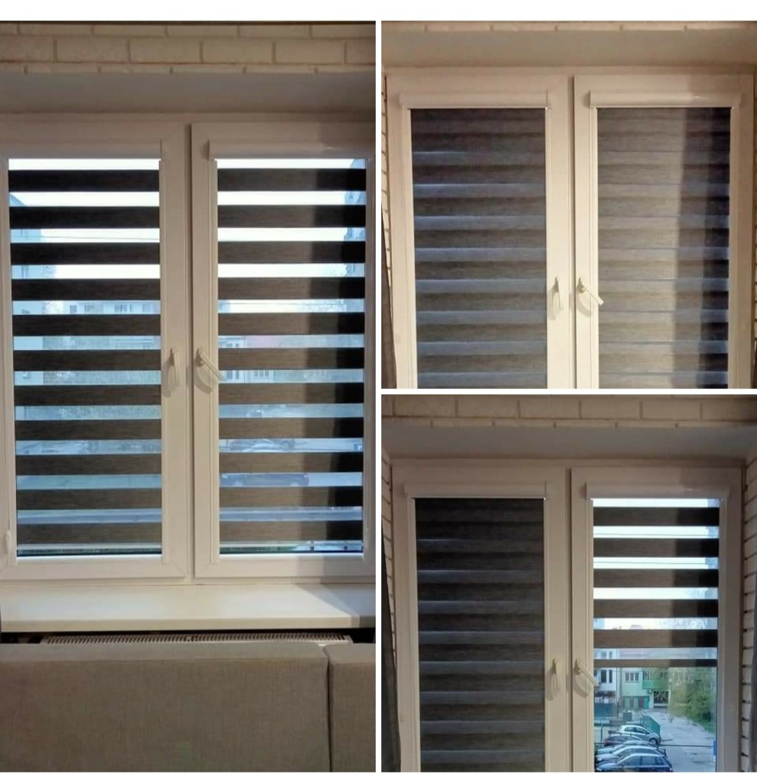 Okno z zamontowanymi roletami dzień i noc, widoczne z trzech różnych perspektyw, z częściowo odsłoniętymi lamelami.