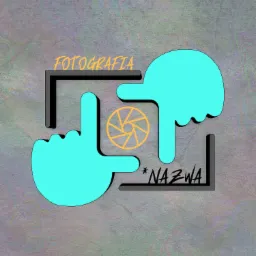 Abstrakcyjne logo z elementami aparatu fotograficznego: dłonie formujące kadr, przysłona obiektywu i napis 'Fotografia *NAZWA*' w kolorach żółtym, turkusowym i czarnym na teksturowanym tle.