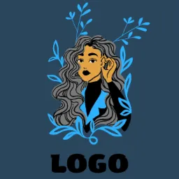 Ilustracja wektorowa logo przedstawiająca portret kobiety z szarymi, falowanymi włosami, ubraną w czarny golf i niebieską marynarkę, otoczoną niebieskimi liśćmi, na ciemnoniebieskim tle z napisem...